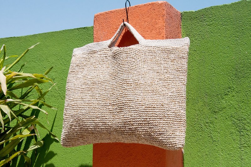 Hand-woven cotton crochet side backpack / shoulder bag / shopping bag / woven bag / crochet bag / cotton bag - large square - กระเป๋าถือ - ผ้าฝ้าย/ผ้าลินิน สีกากี