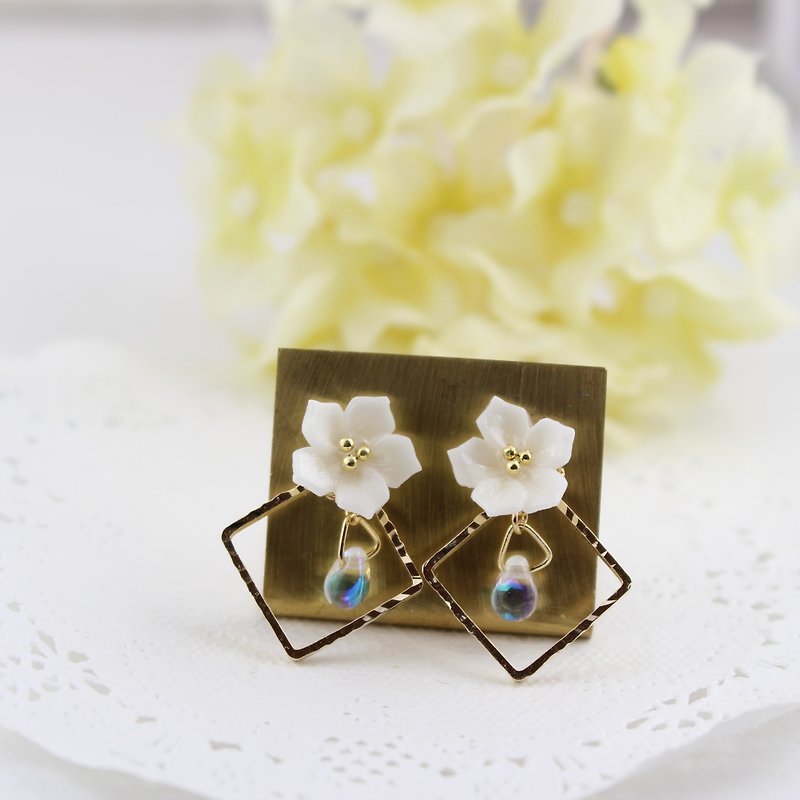 Plumeria and Gold Square earrings, Clip-On - Earrings & Clip-ons - Clay White