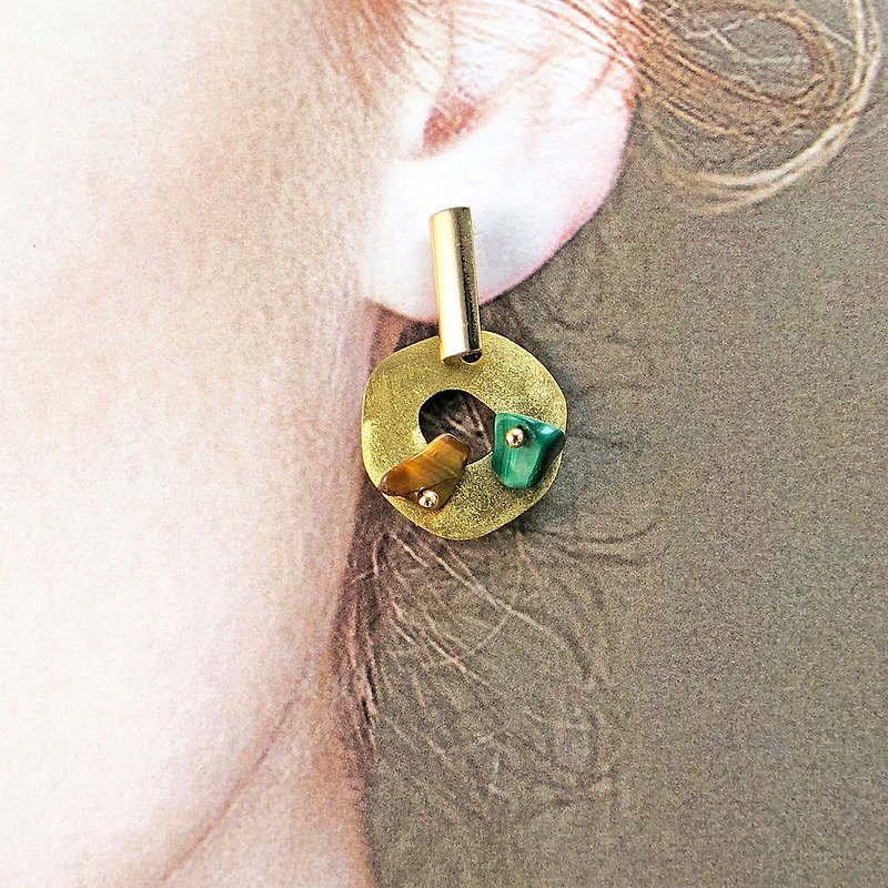和風天然石925純銀耳環 簡約耳環 黃銅耳環 北歐風 迎新年耳環 - 耳環/耳夾 - 半寶石 金色