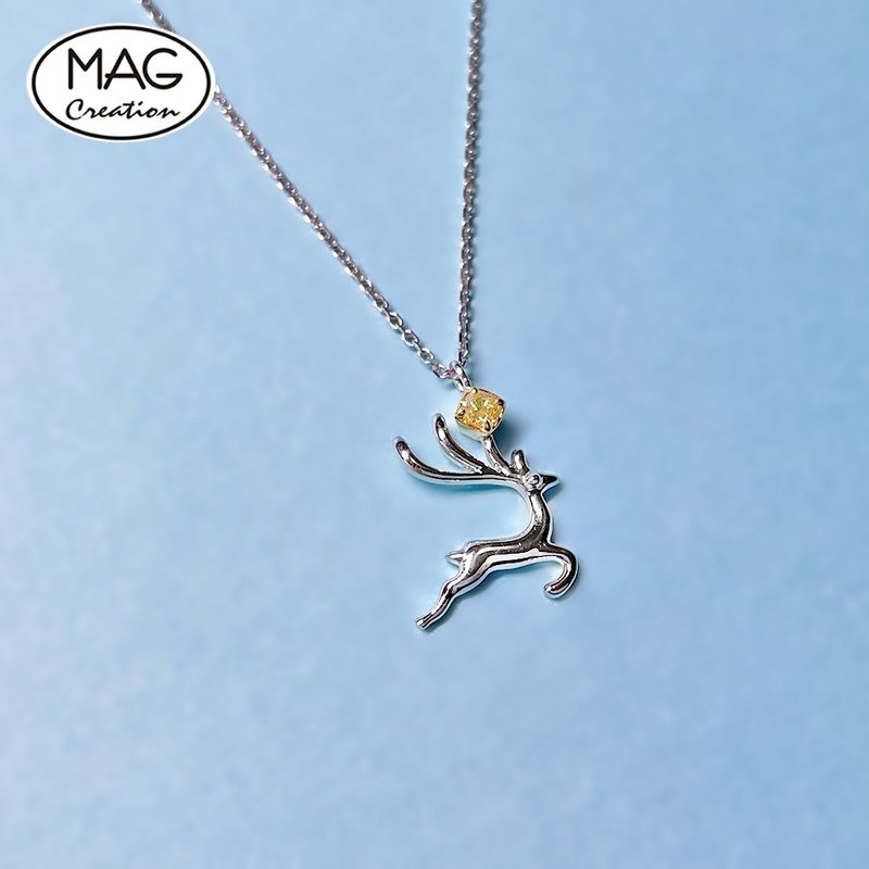 Yellow Diamond Series | 18K white gold diamond leaping deer pendant necklace - Necklaces - Precious Metals 