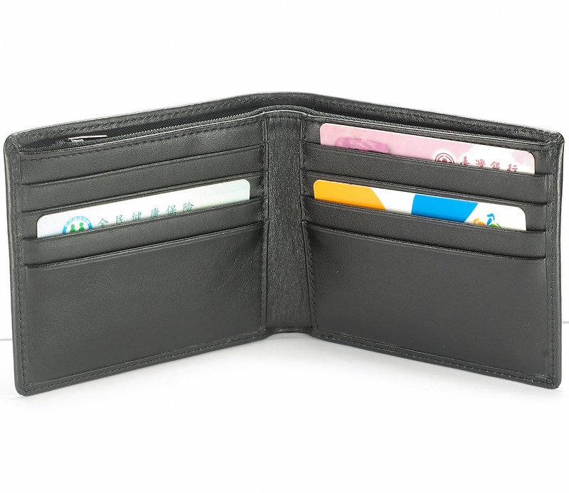 Elegant men's short clip leather wallet 8 card coin purse black/brown paid custom lettering service - กระเป๋าสตางค์ - หนังแท้ สีดำ