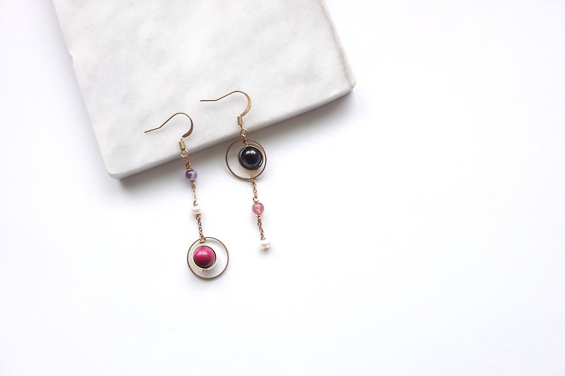 Bronze earrings | Stone tiger eye | strawberry crystal | amethyst ear / Clip-On - ต่างหู - ทองแดงทองเหลือง 