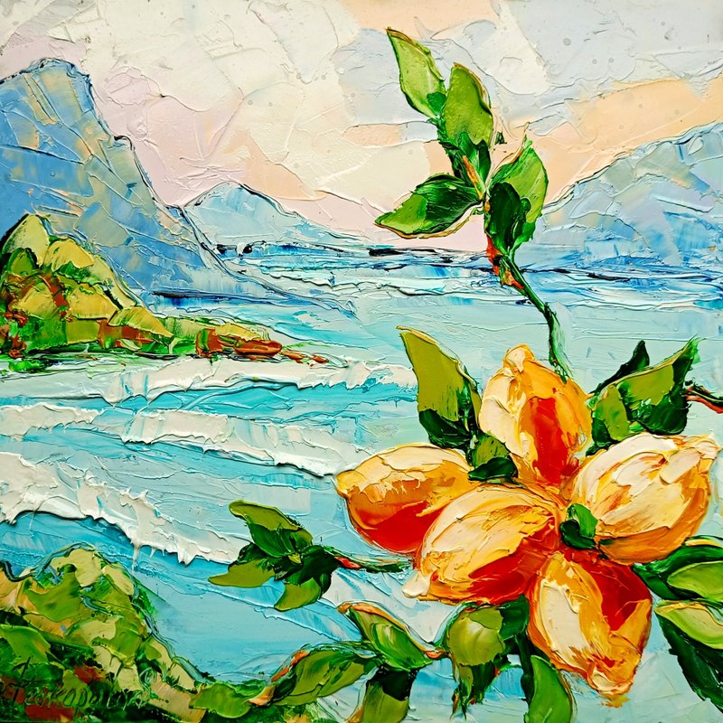 Amalfi Italy Painting Fruit Original Art 10x10 Coast Impasto Art - 壁貼/牆壁裝飾 - 其他材質 藍色