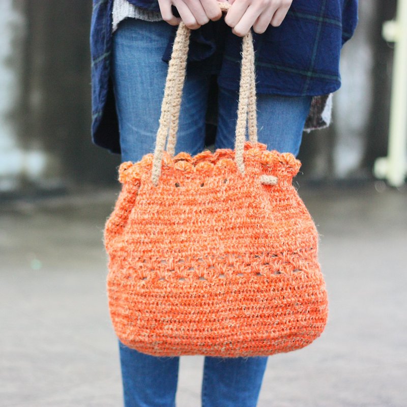 Orange orange handbag / color cotton woven Linen rope / - Handbags & Totes - Cotton & Hemp 
