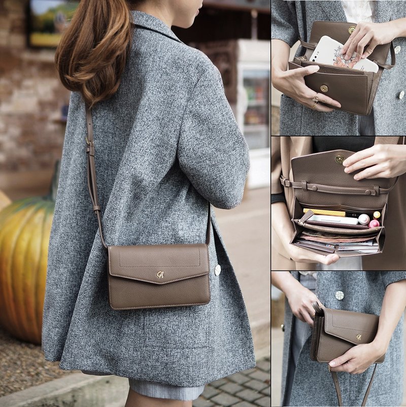 Irene(Cedar): Multi-function bag, clutch, long wallet, mini crossbody,Brown-grey - 手提包/手提袋 - 真皮 咖啡色