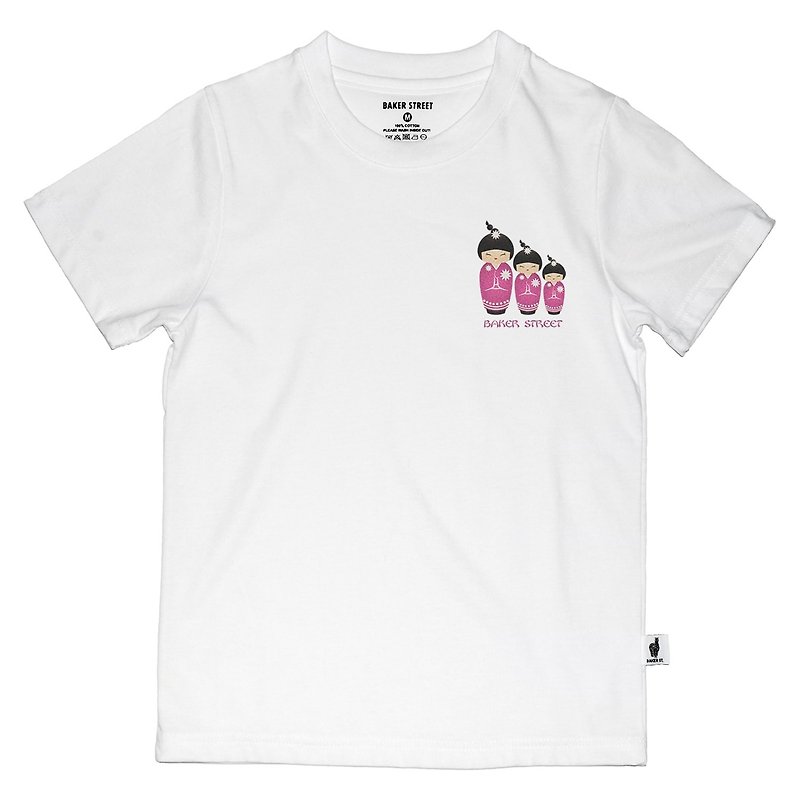 British Fashion Brand -Baker Street- Japanese Dolls Printed T-shirt for Kids - เสื้อยืด - ผ้าฝ้าย/ผ้าลินิน ขาว