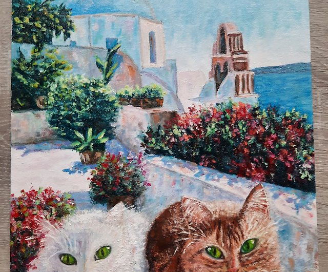 2 匹の猫のオリジナル油絵、サントリーニ島の壁アート、伝統的な 