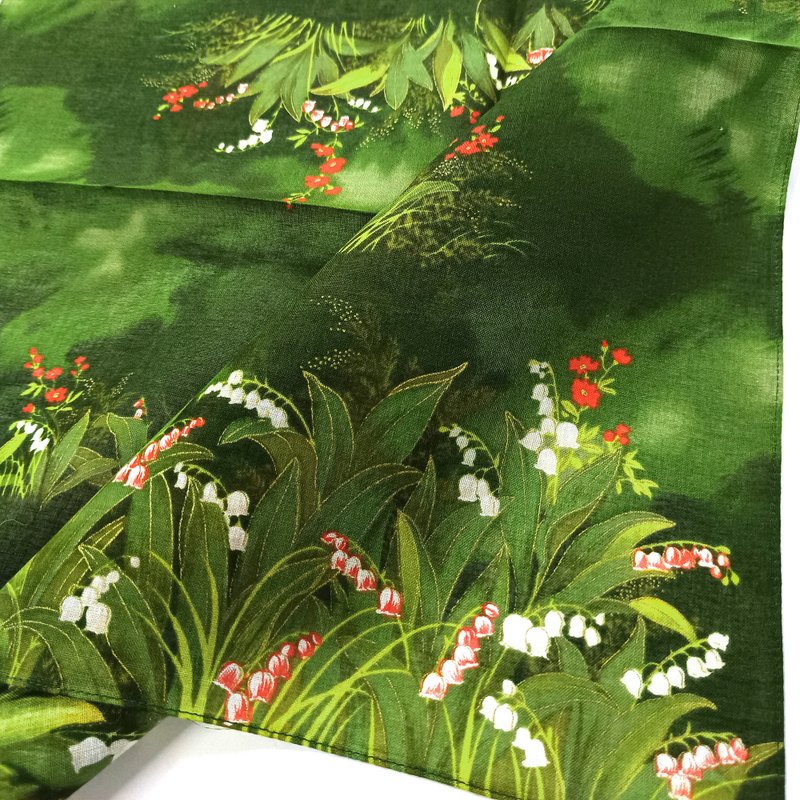 Vintage Japanese Handkerchief – Lily of the Valley & Primrose 21 x 21 inches - 手帕 - 棉．麻 綠色