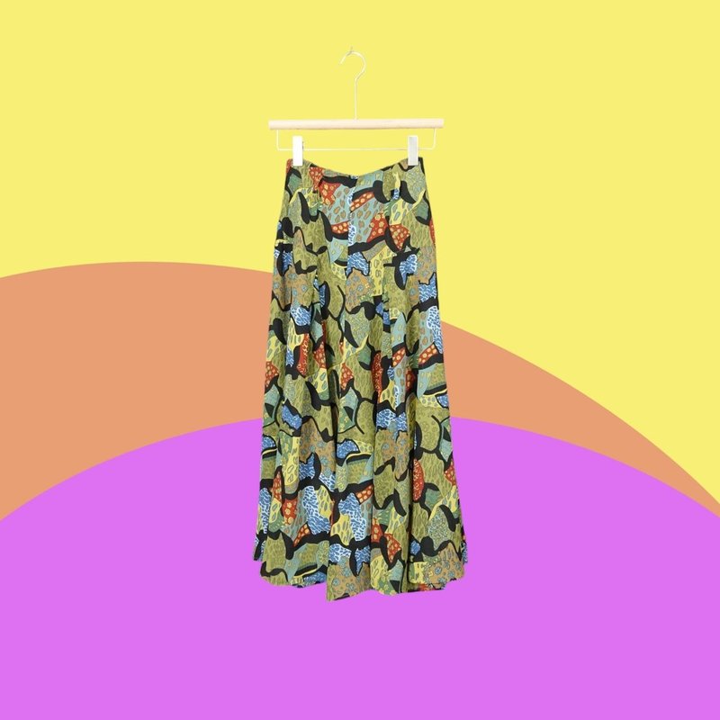 Second-hand AMASS dark green geometric floral elegant small waist high waist long skirt CA912 - กระโปรง - เส้นใยสังเคราะห์ สีเขียว