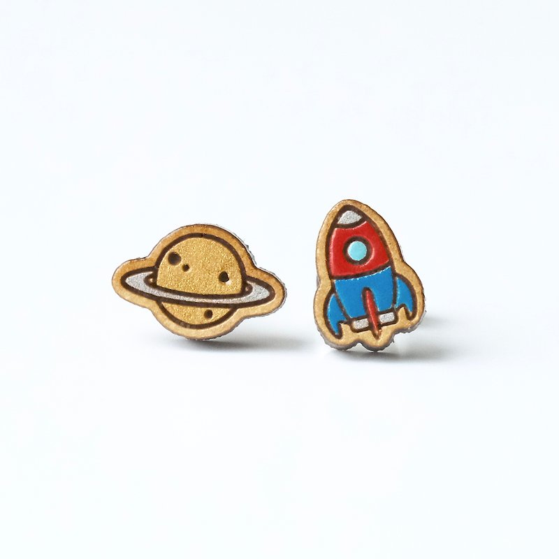 Painted  wood earrings-Planet & Rocket (gold planet) - ต่างหู - ไม้ สีทอง