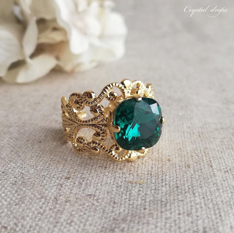 Teal, large square crystal glass antique style ring, free size, Lolita - แหวนทั่วไป - แก้ว สีเขียว