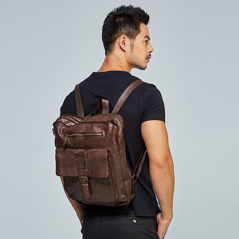 [Spain BIBA] Michigan Mic4l Oxford retro backpack- Brown coffee - Backpacks - Genuine Leather Brown