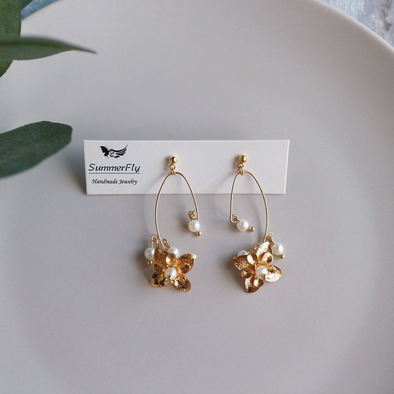 j【Classic lily of the valley】 | Geometric balance design sense b75 dangle earrings Japanese wrinkled pearls - Earrings & Clip-ons - Other Metals Gold