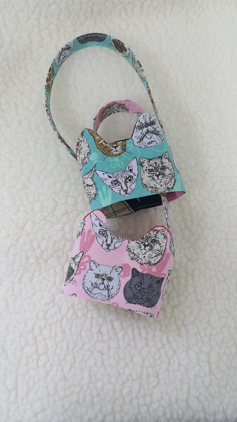 Cat face/two-color cat ears to take with you, environmentally friendly beverage cup holder bag/double-sided available - Beverage Holders & Bags - Cotton & Hemp Multicolor
