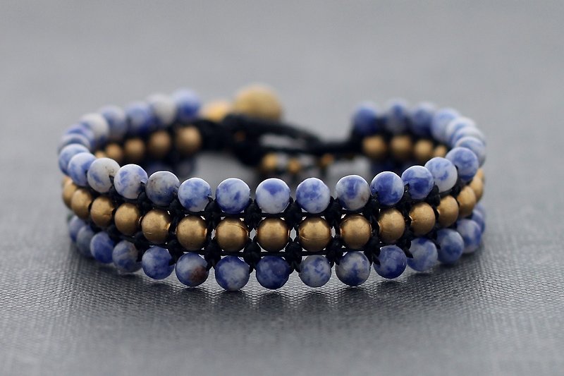 Sodalite Stone Bracelets Band Cuff Woven Beaded Macrame Solid Brass - สร้อยข้อมือ - หิน สีน้ำเงิน