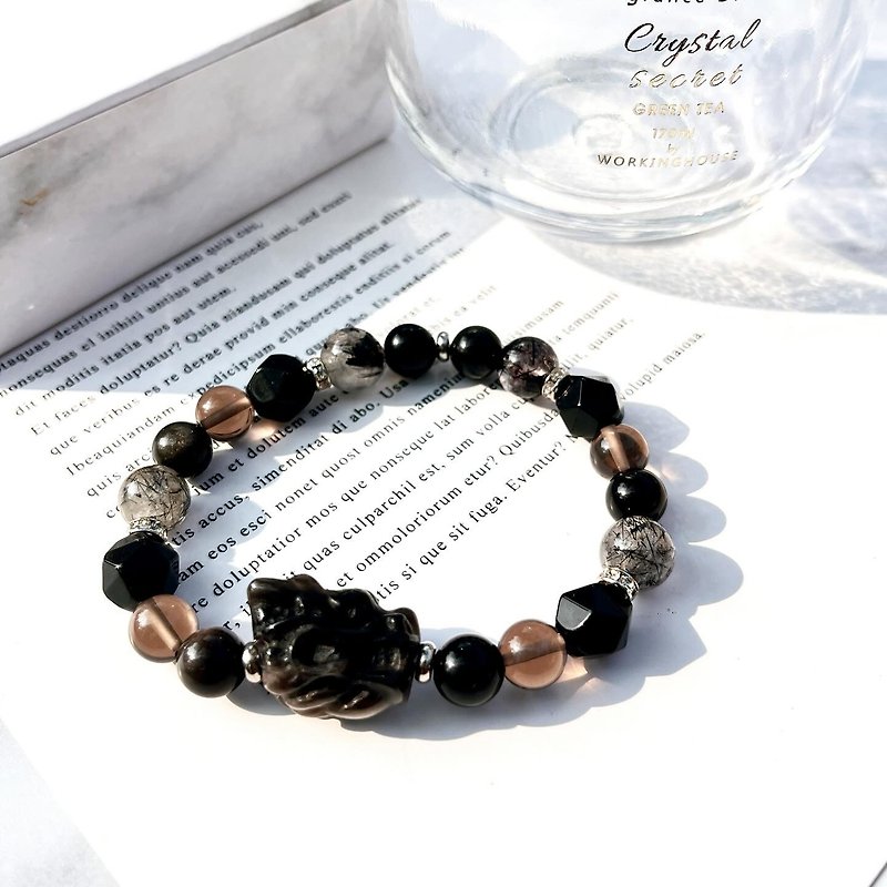 Royal Dragon Knight/Crystal that helps career luck, attract wealth and protect against villains/ Silver obsidian/citrine/black hair crystal - Bracelets - Crystal Black