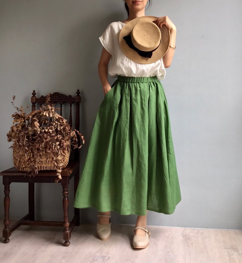 Shining days/jungle green/tropical rainforest green cotton and linen pleated circle skirt mid-length skirt - Skirts - Cotton & Hemp Green