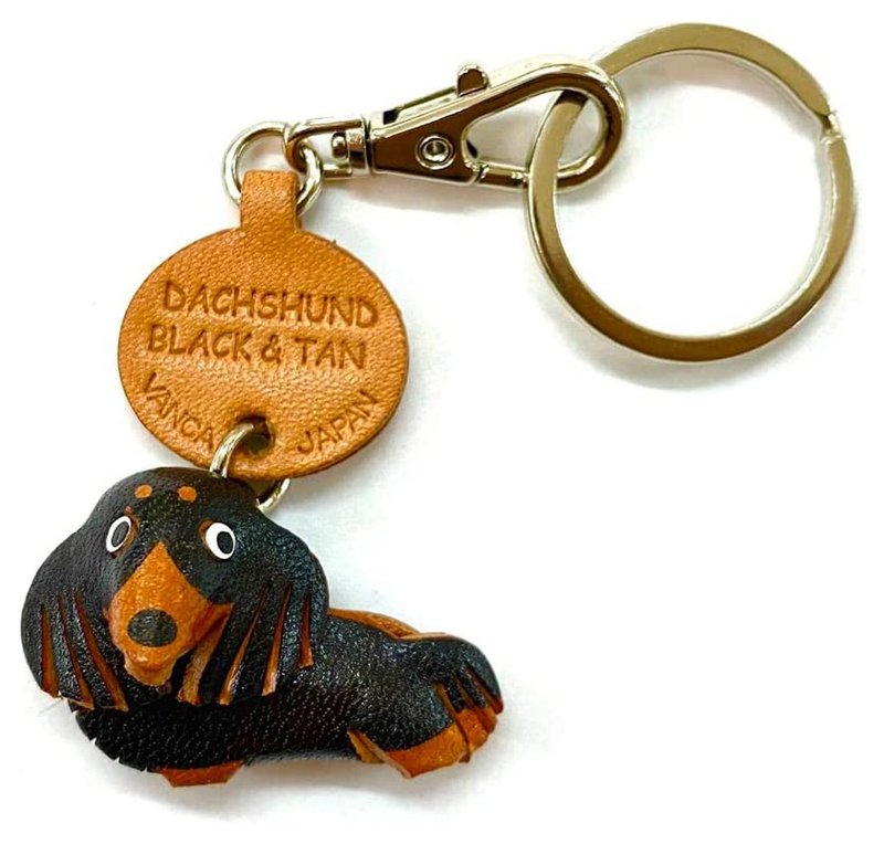 Black and  Tan DACHSHUND Leather Keychain handmade in Japan collar charm VANCA - Keychains - Genuine Leather Black