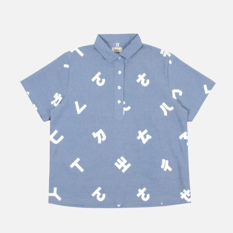 Phonetic symbol hand-printed shirt - light blue - Women's Shirts - Cotton & Hemp Blue