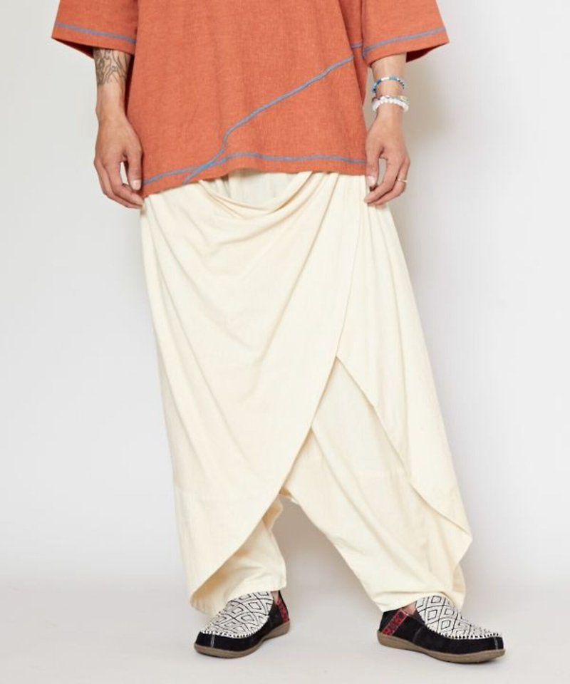 [Popular Pre-order] Folk hanging layered unisex hakama wide pants (4 colors) IDS-2120 - กางเกงขายาว - ผ้าฝ้าย/ผ้าลินิน หลากหลายสี