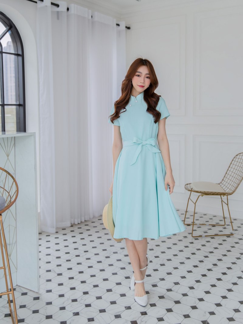 Tiffany blue stand collar short sleeve waist tie dress - One Piece Dresses - Other Man-Made Fibers Blue