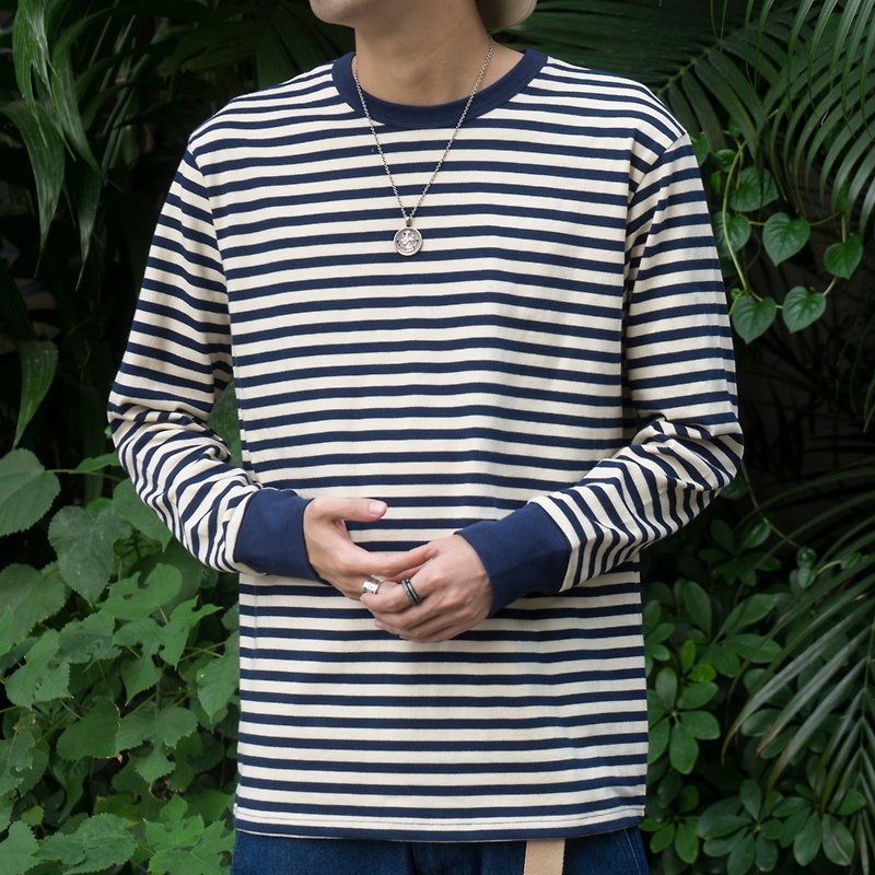 Japanese simple autumn and winter with T-shirt wild navy blue striped tee long sleeves - Men's T-Shirts & Tops - Cotton & Hemp Blue