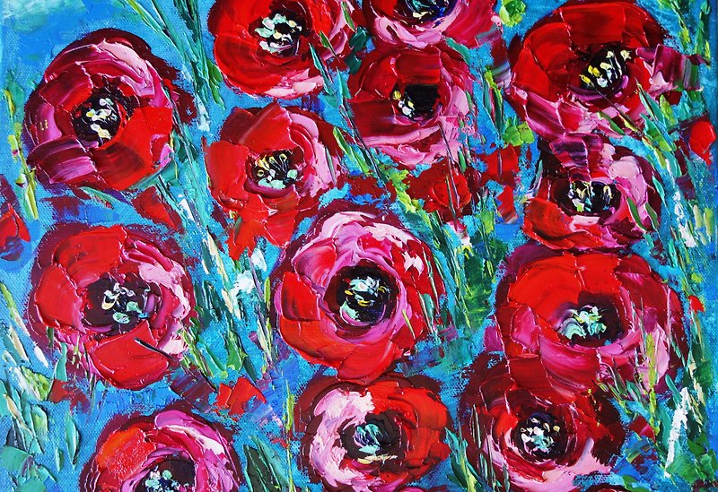 Poppies Oil Painting Flowers Original Art Artwork Wildflowers Impasto Canvas Art
