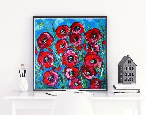 ポピー油絵花オリジナルアートアートワークワイルドフラワー