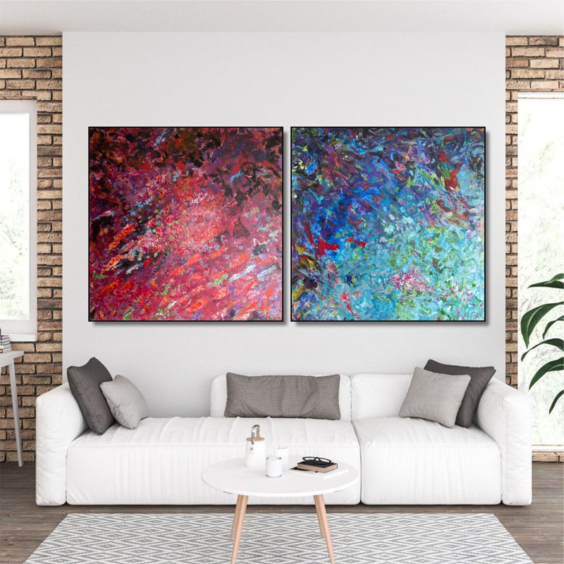 Colorful Abstract Set Of 2 Oil Paintings Original Blue and Red Wall Art Decor - ตกแต่งผนัง - อะคริลิค หลากหลายสี