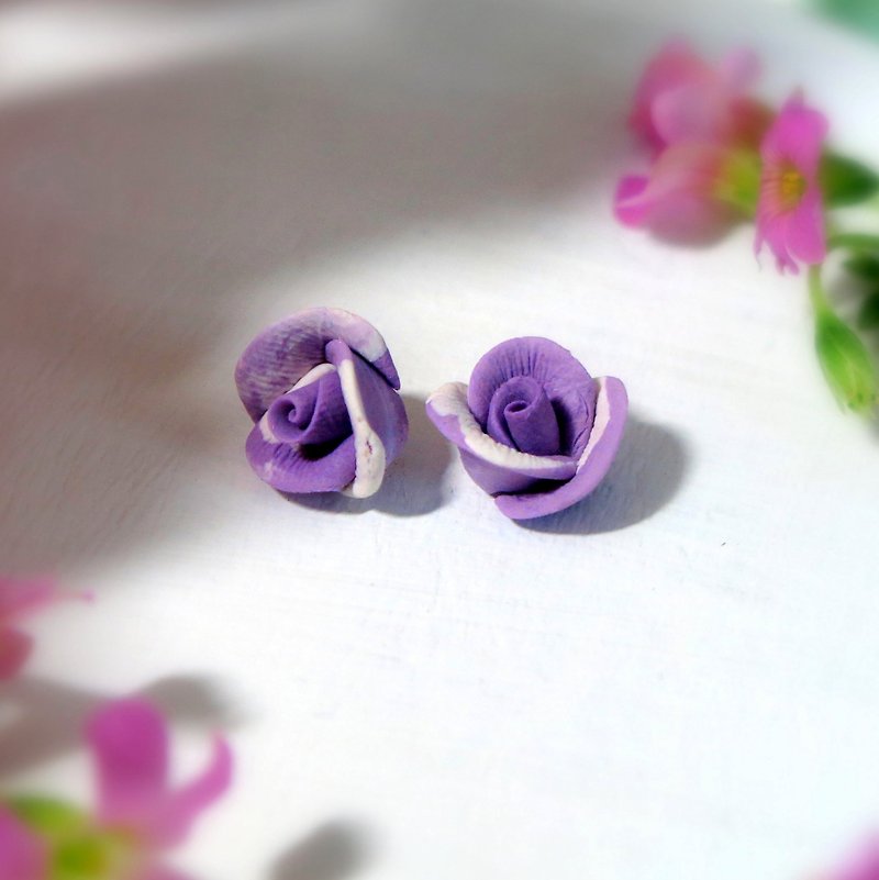 Rose Garden - Purple Rose Earrings Ear hook or ear clip Gift for her / Handmade - Earrings & Clip-ons - Other Materials Purple