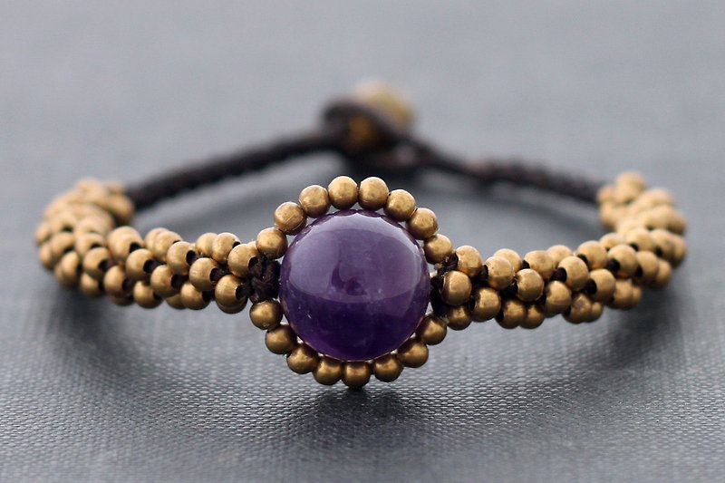 紫水晶眼睛串珠手鐲，黃銅編織編織袖口手鐲，原始黃銅珠子 - 手鍊/手鐲 - 石頭 紫色