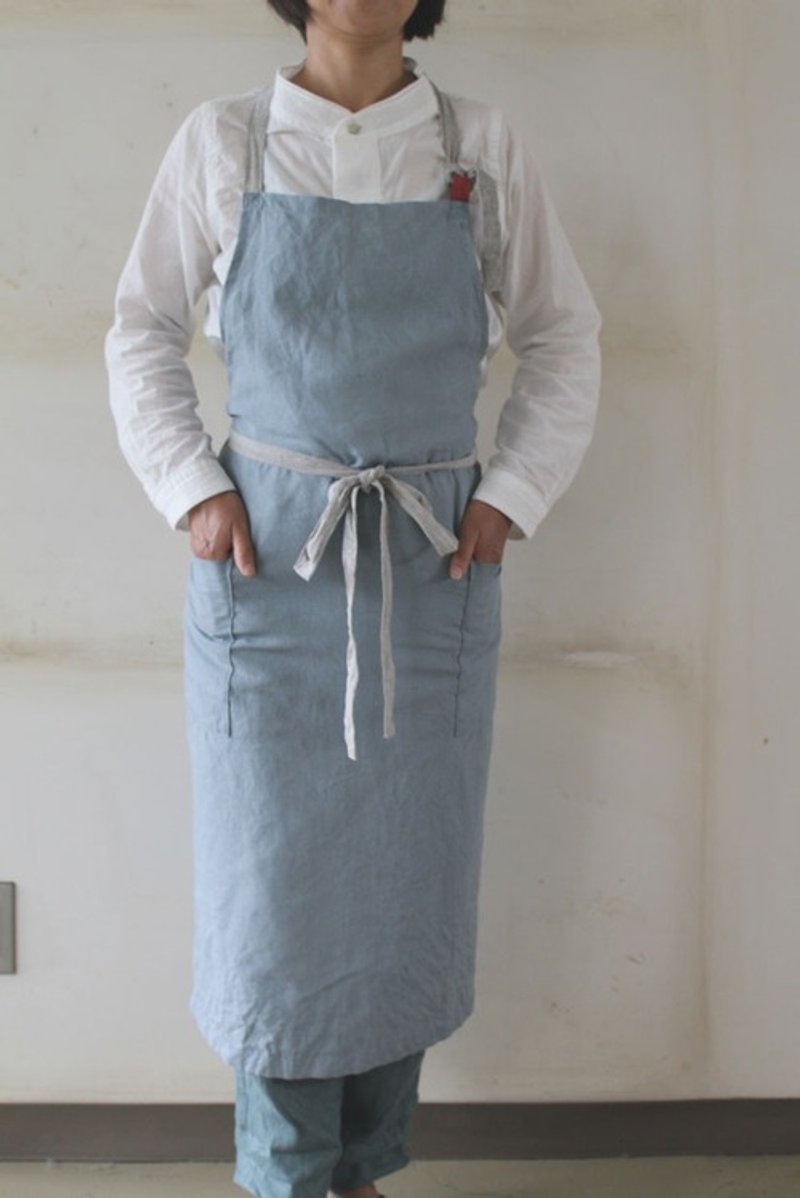 男女兼用フルエプロン　サックスブルー　ふんわりやわらか生地　リトアニアリネン100％ - 圍裙 - 棉．麻 