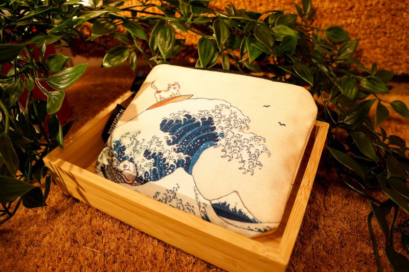 【招財貓貓】神奈川衝浪貓咪-帆布零錢包|收納袋|萬用小包|浮世繪 - 零錢包/小錢包 - 其他材質 多色