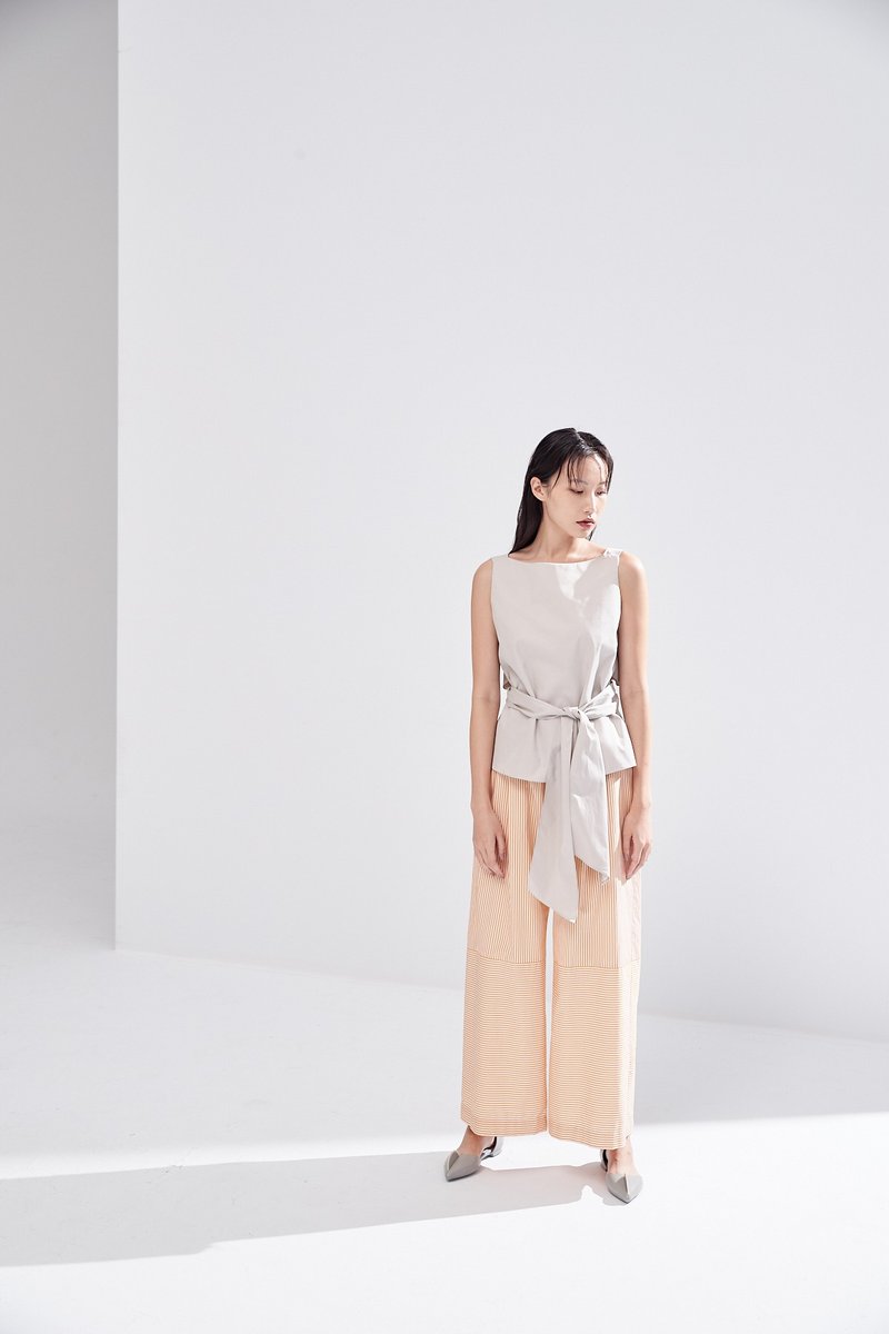 無袖後V領綁帶上衣 - 女 T 恤 - 棉．麻 