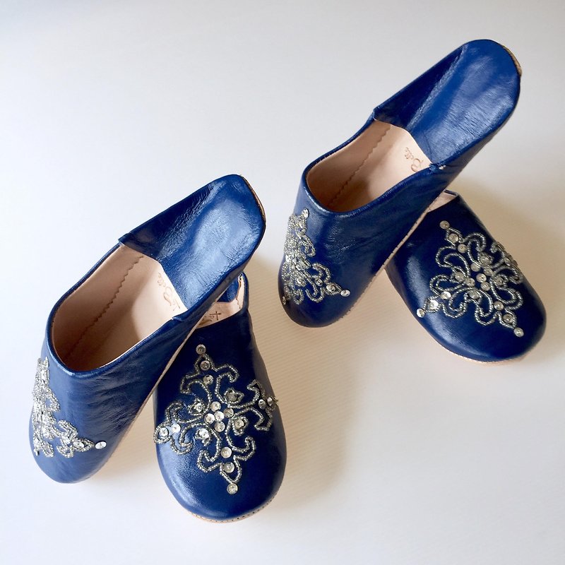 綺麗な刺繍バブーシュ　ラペーラ ネイビー　セット - 其他 - 真皮 藍色