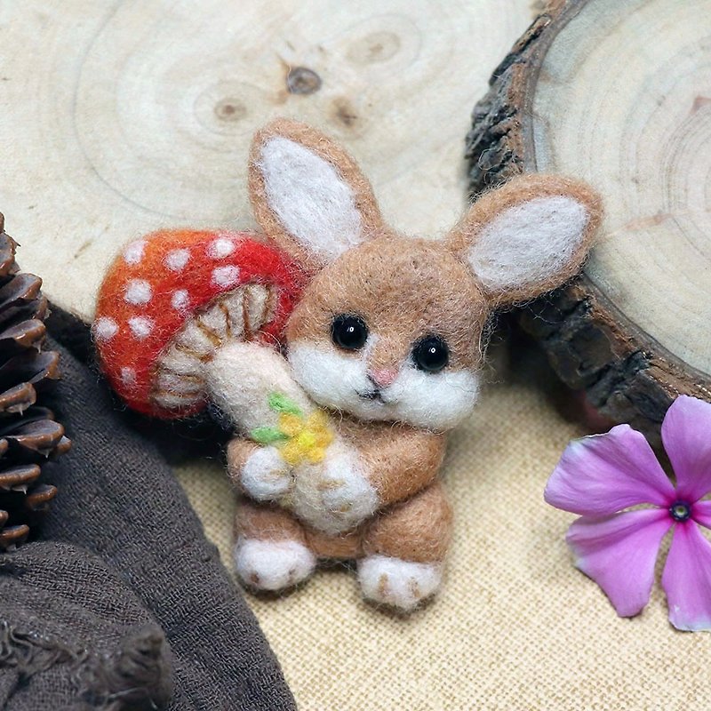 Wool Felt-Mushroom and her friends pin series-rabbit - เข็มกลัด/พิน - ขนแกะ สีส้ม