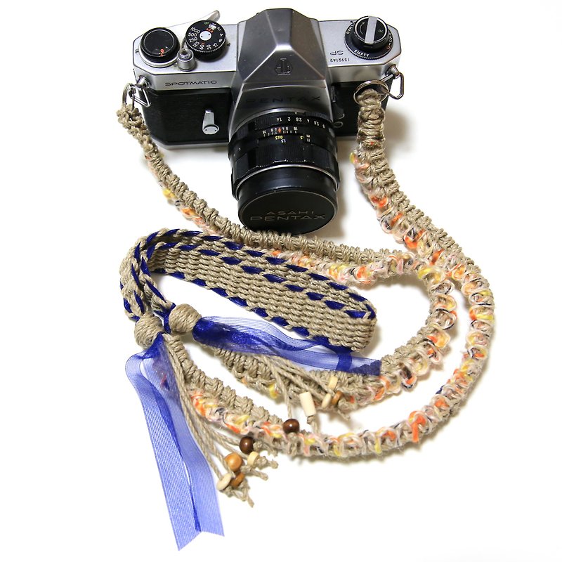 Navy ribbon hemp cord hemp camera strap / double ring - เชือก/สายคล้อง - ผ้าฝ้าย/ผ้าลินิน สีน้ำเงิน