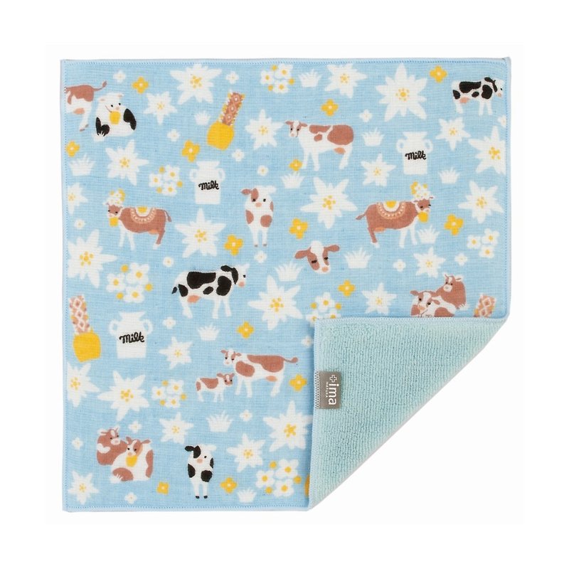 日本Prairiedog 今治製有機優質純綿方巾-雪絨花與乳牛 - 毛巾浴巾 - 棉．麻 藍色