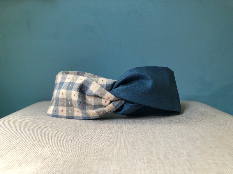 Shuangpin headband / blue grid a little bit-blue / first dyed cloth - ที่คาดผม - ผ้าฝ้าย/ผ้าลินิน สีน้ำเงิน