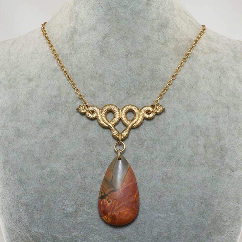 Orange Red Picasso Jasper Gold Brass Snake Pendant Necklace Woman Jewelry Gift - 項鍊 - 半寶石 橘色
