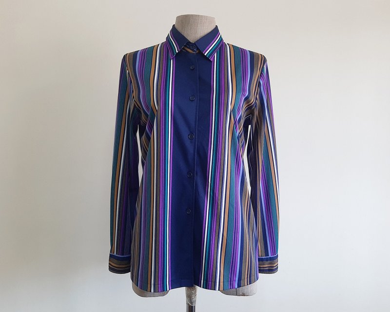 XS Vintage Rainbow Striped Shirt Womens Long Sleeve Blouse - 女上衣/長袖上衣 - 聚酯纖維 多色