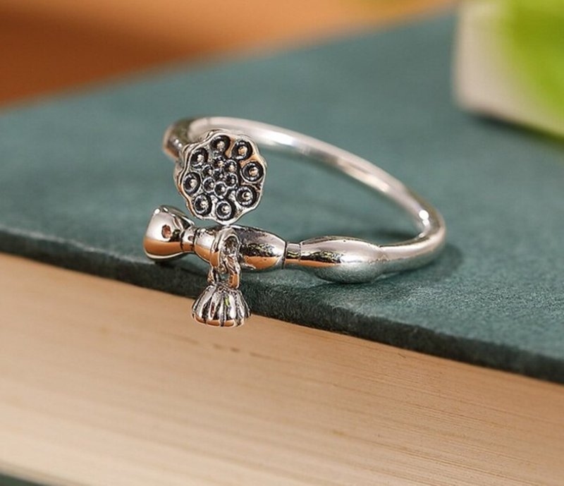 Glossy Silver Lotus Rings for Women Real 925 Sterling Silver Lotus Roots Rings - 戒指 - 銀 銀色