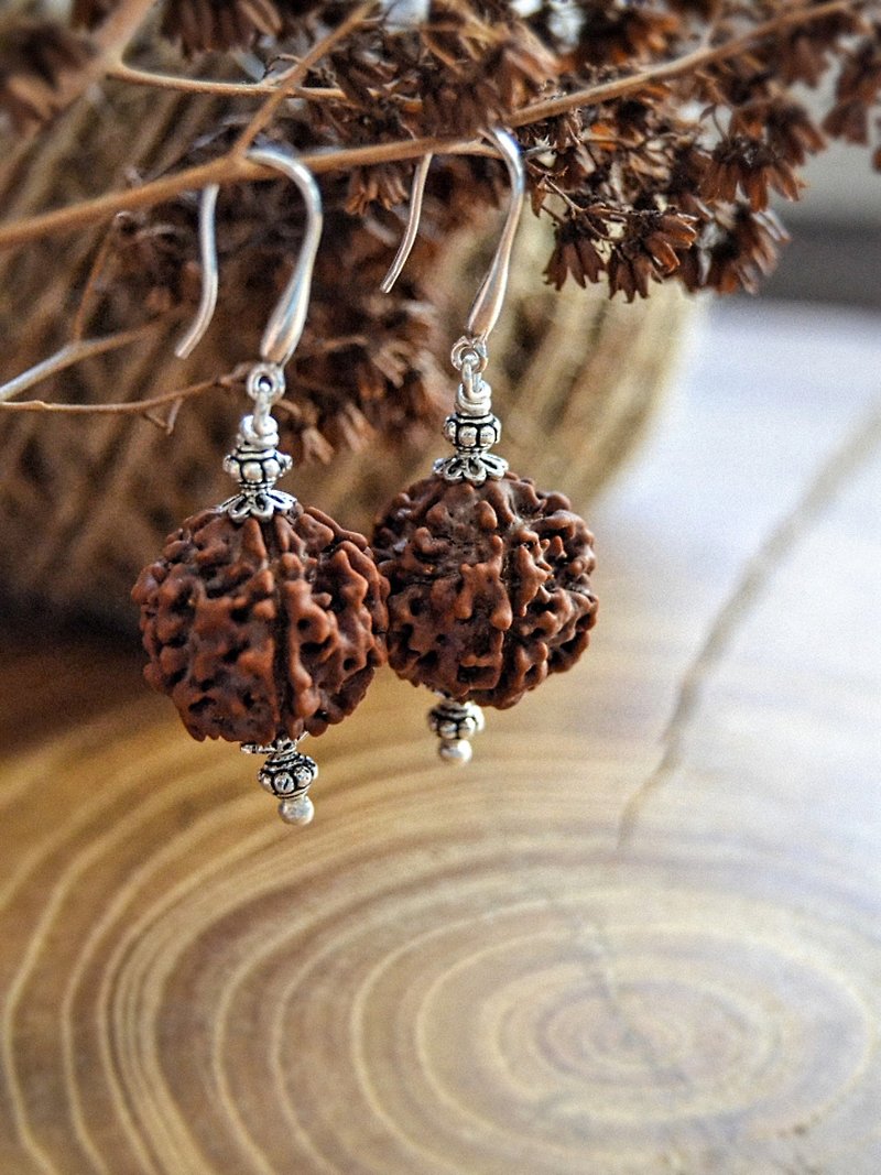 Rare and big 5-face Rudraksha Earrings for woman silver jewelry - Earrings & Clip-ons - Wood Brown