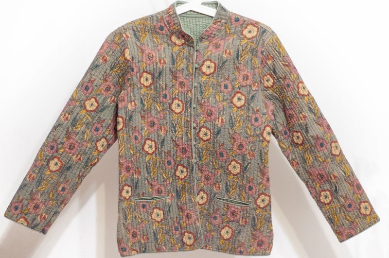 木刻印純棉外套 印度棉有機棉 手工蓋印拼接鋪棉外套-燙金粉花朵 - 女大衣/外套 - 棉．麻 多色