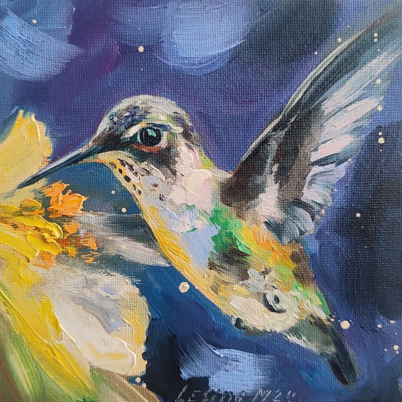 Hummingbird Oil Painting Bird Small Art Bird Artwork Flower Painting Bird Art - Wall Décor - Other Materials Yellow