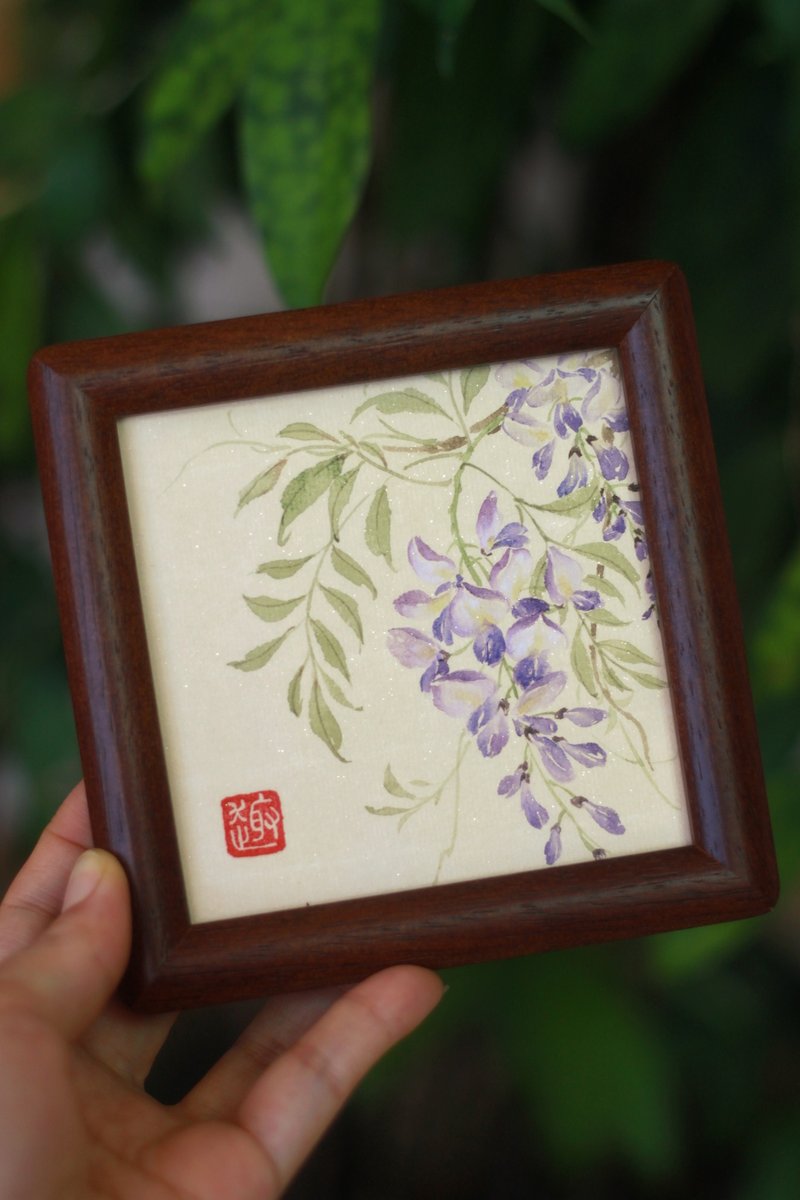 紫藤花沒骨手繪 | 國畫原作孤品 | 4寸中式擺台 | 實木畫框 - 相框/畫框 - 紙 白色