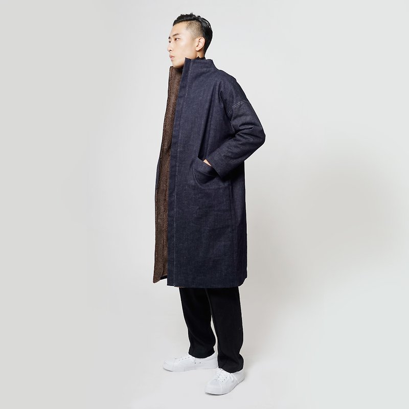 Black and white cut FW super warm inner bristle long coat - เสื้อโค้ทผู้ชาย - ผ้าฝ้าย/ผ้าลินิน สีน้ำเงิน