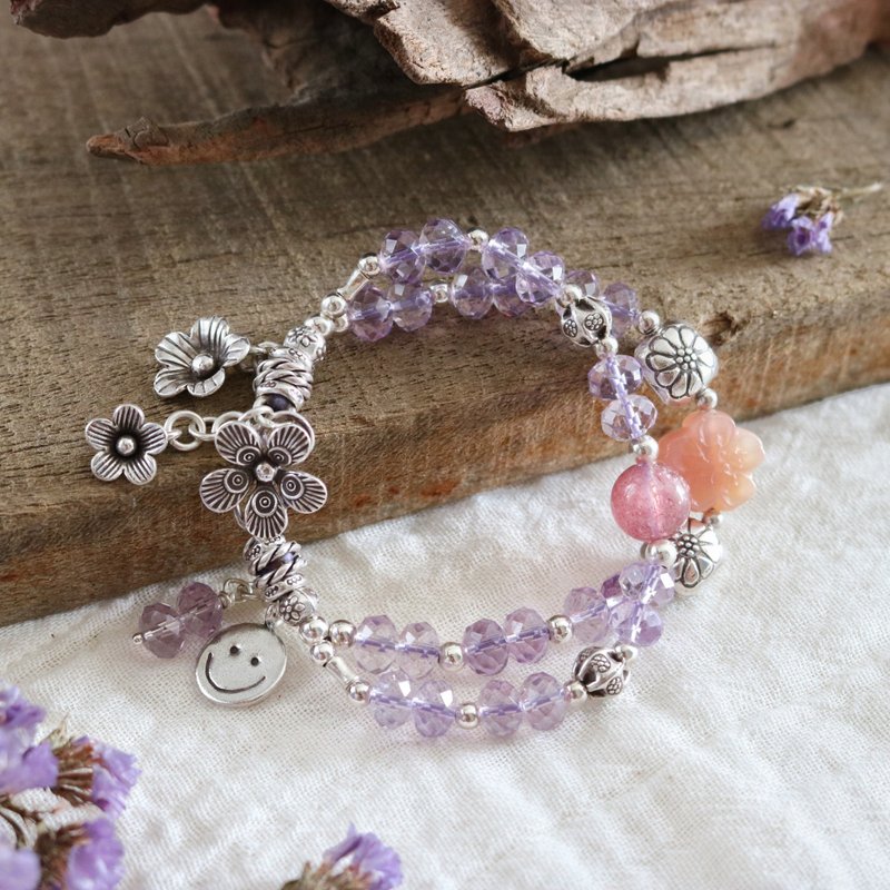 Handmade Lavender Amethyst Shiny Flower Bracelet with Karen Hill Tribe Silver - สร้อยข้อมือ - เงินแท้ สีม่วง