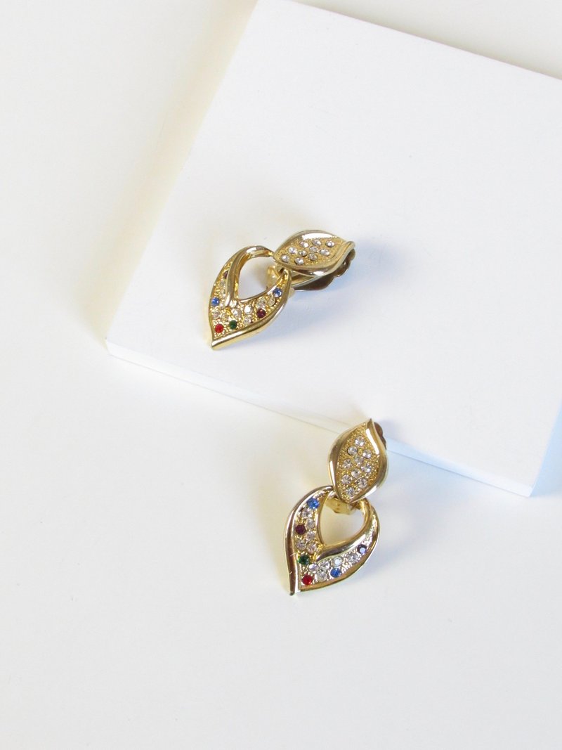Vintage Victorian Multicolor Rhinestone Gold Dangle Earrings - 耳環/耳夾/耳骨夾 - 半寶石 金色