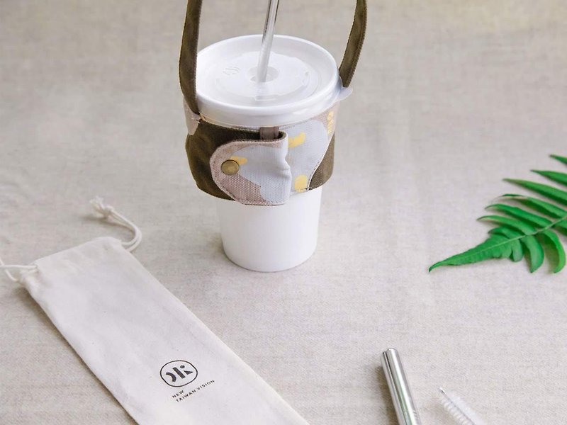 [Wave ㄅㄛ Straw Cup Set]-River Algae Green (with environmental protection straw combination) - Beverage Holders & Bags - Cotton & Hemp Khaki